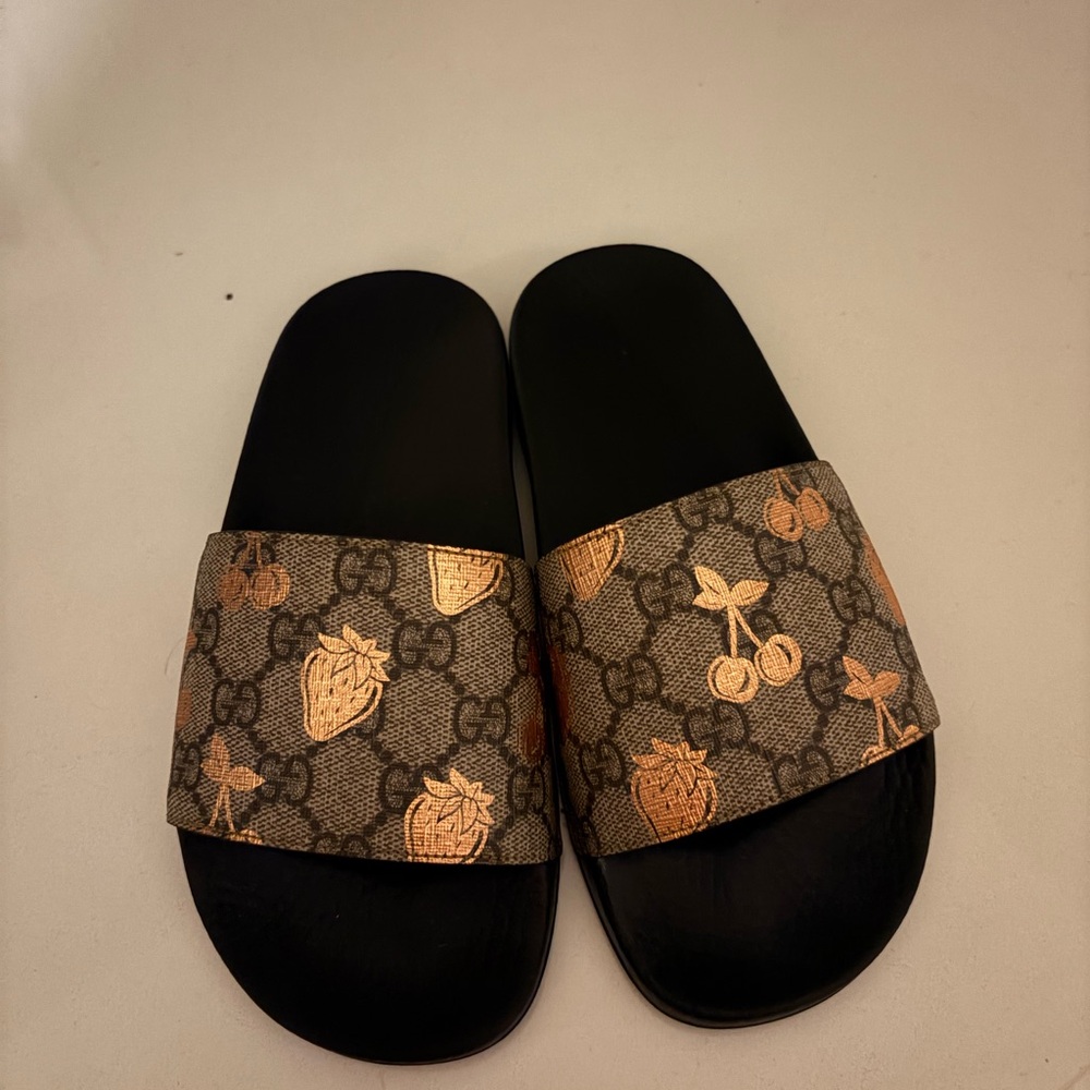 Gucci Black and Tan Slides with Gold Fruit Motif